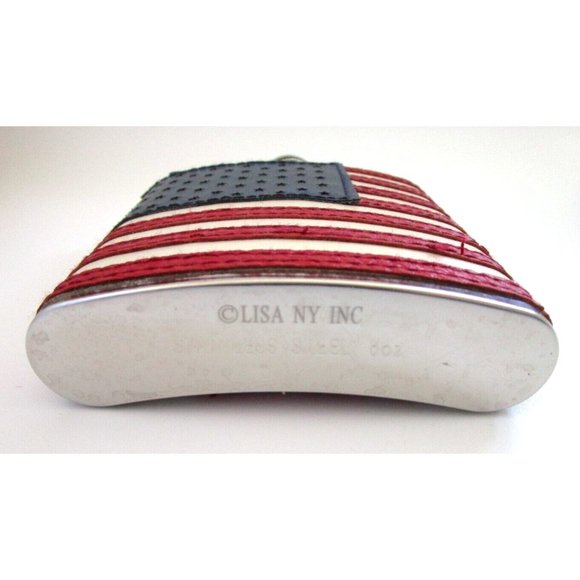AMERICAN FLAG FLASK USA 6oz Patriotic Stainless Steel Screw Top Stitched Leather - Picture 2 of 14